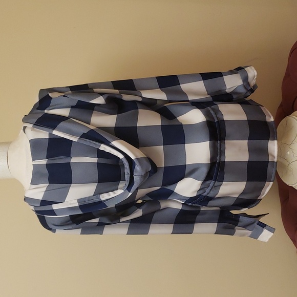 Michael Kors Blue White Checked Hooded Henley - Picture 8 of 8